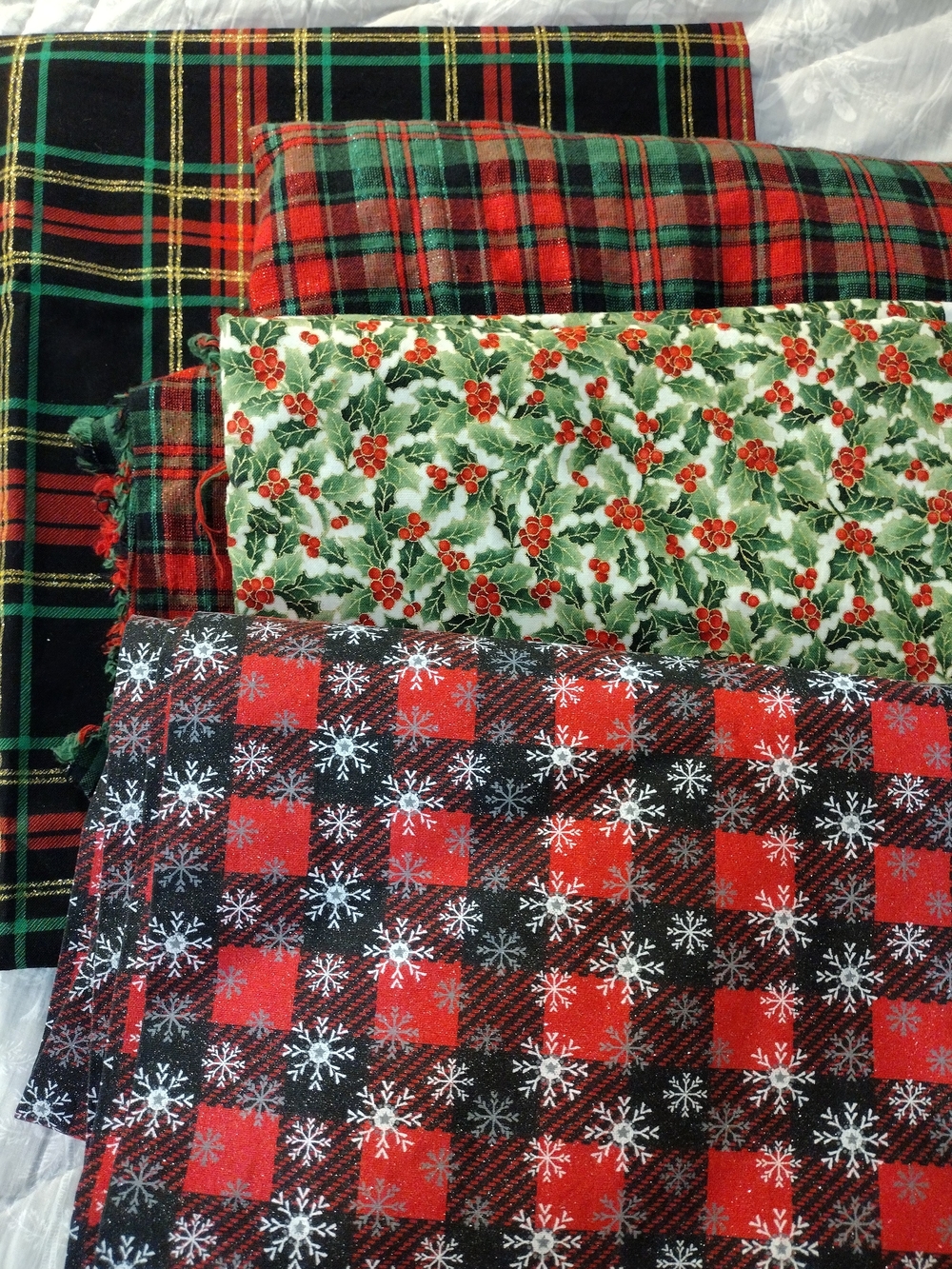 Festive  Christmas Holiday Plaid & Holly Fabric Bundle - Red, Green, Black